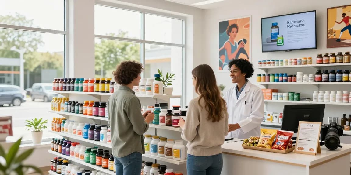 Unique Pharma Shop - Kundenberatung bei der Auswahl von Nahrungsergänzungsmitteln in einem modernen Gesundheitsgeschäft.