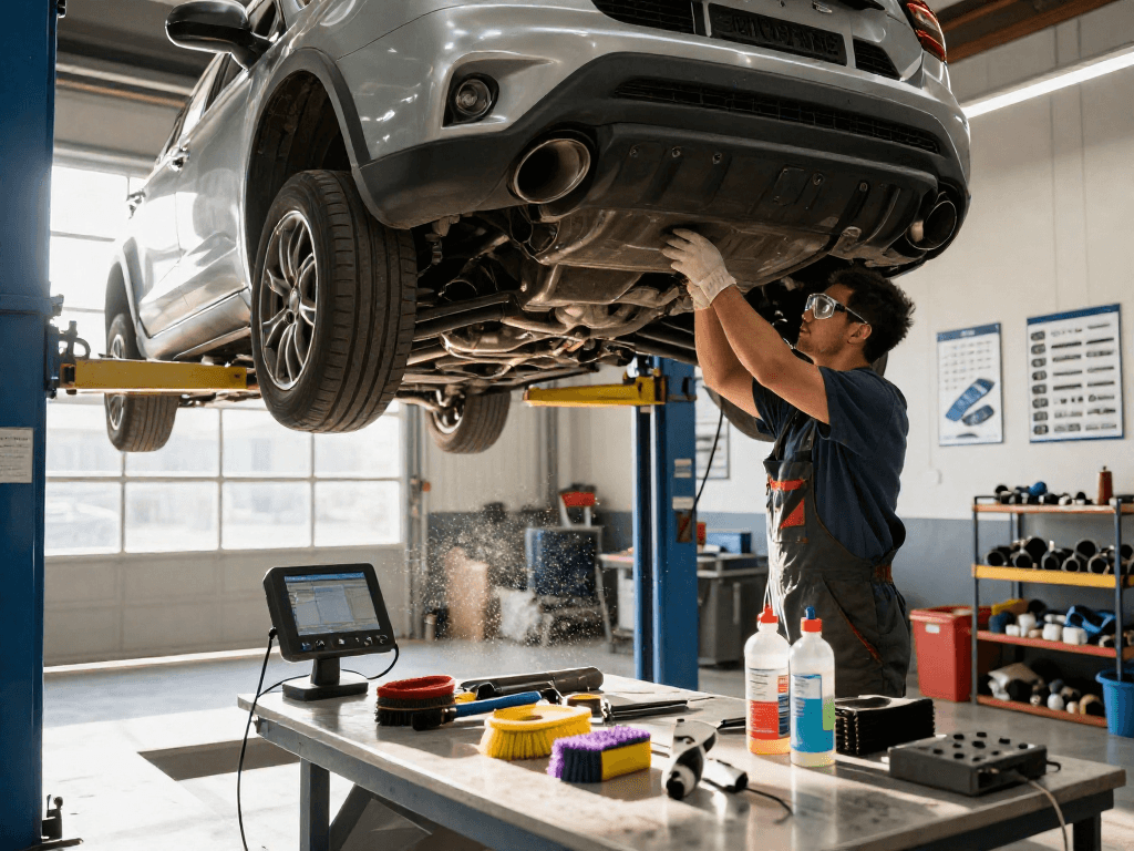 Bei der DPF Reinigung Laatzen führt ein Mechaniker in einer Werkstatt eine gründliche Fahrzeugwartung durch.