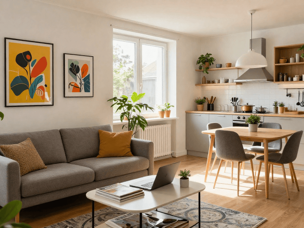 Einrichtung von Apartments in Hannover für Monteurzimmer mieten Hannover - gemütlicher Wohnraum mit Pflanzen und natürlichem Licht.