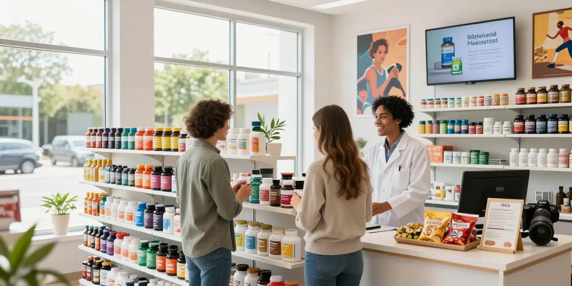 Unique Pharma Shop - Kundenberatung bei der Auswahl von Nahrungsergänzungsmitteln in einem modernen Gesundheitsgeschäft.