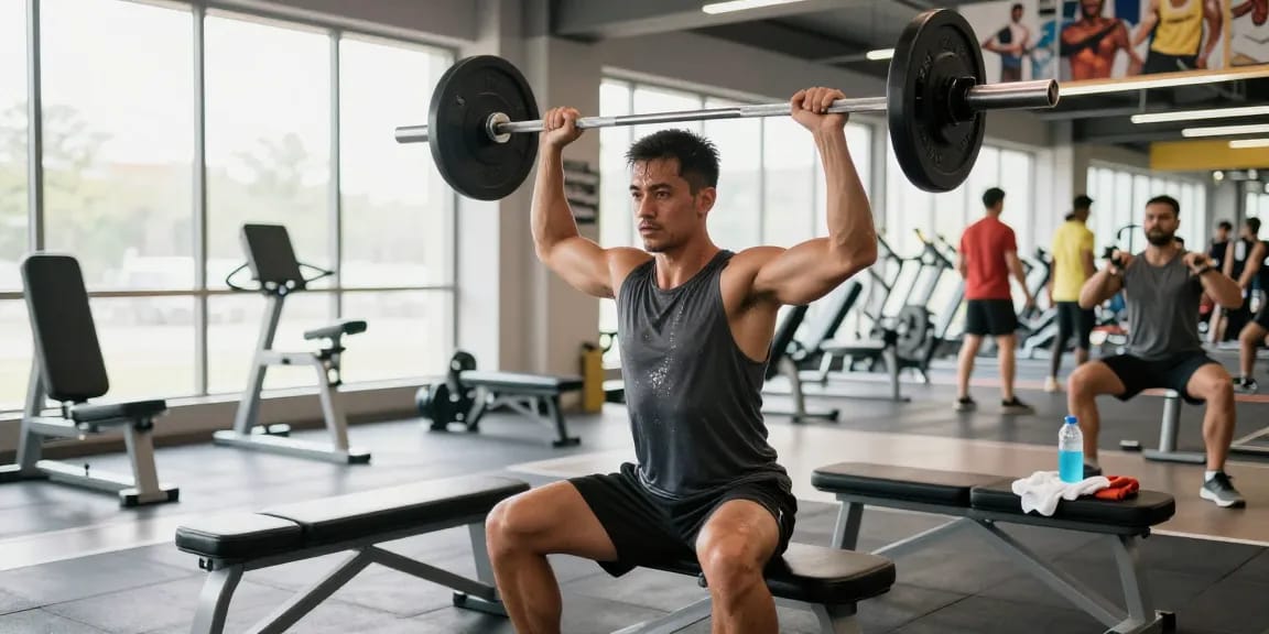 Anabolika kaufen für effektives Muskelwachstum im Fitnessstudio, athletischer Mann beim Gewichtheben.