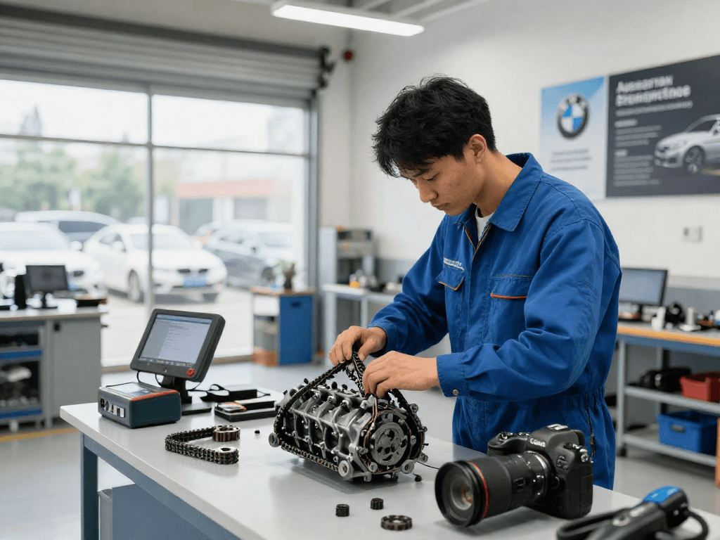 Professioneller Mechaniker beim BMW Steuerkette wechseln in einer Werkstatt für hochwertige Fahrzeugwartung.