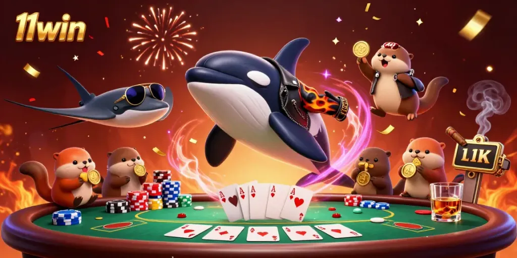 Engage in exciting poker at 11win with fun characters enjoying colorful game elements.