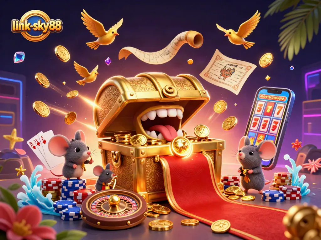 Experience gaming wealth with link-sky88's golden treasure chest and vibrant casino elements.