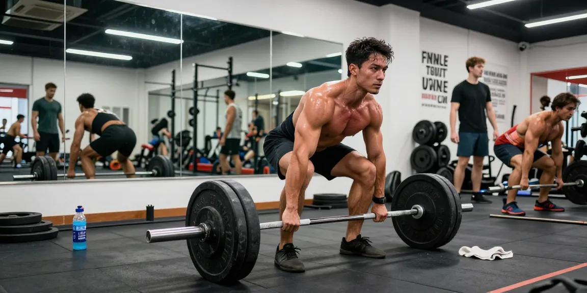 Anabolika Shop Deutschland: Bodybuilder beim Deadlift im modernen Fitnessstudio mit motivierenden Sprüchen an der Wand.