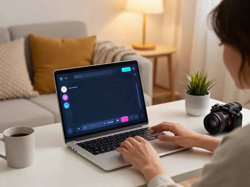A person enjoying horny AI chat on a laptop in a cozy indoor setting.