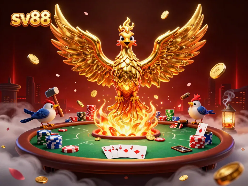 Experience sv88's dynamic gambling scene with a molten phoenix and rich casino elements.