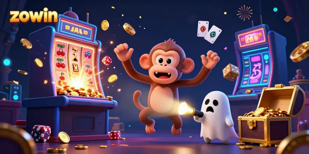 Experience thrilling wins at ZOWIN with an exciting poltergeist monkey juggling casino treasures.