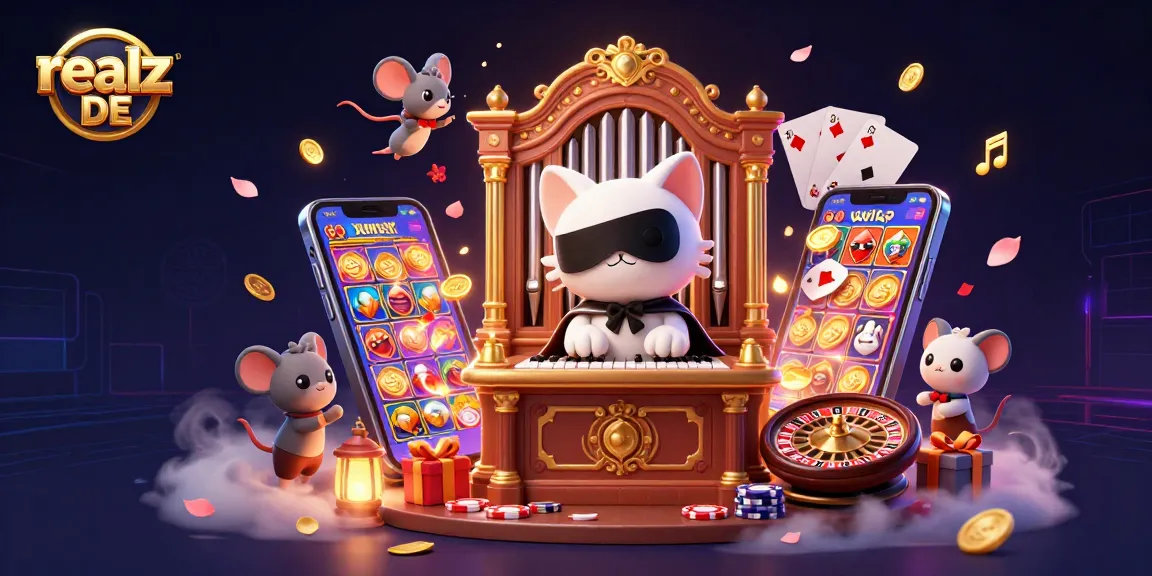 Spiele mit realz DE an einem luxuriösen Casino, das von einer charmanten weißen Katze und einem akrobatischen Maus illuminiert wird.
