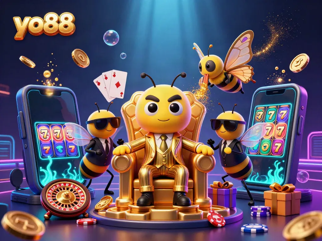 Engage with the exciting world of yo88 gaming in this vibrant illustration of a bee mob boss leading a casino adventure.