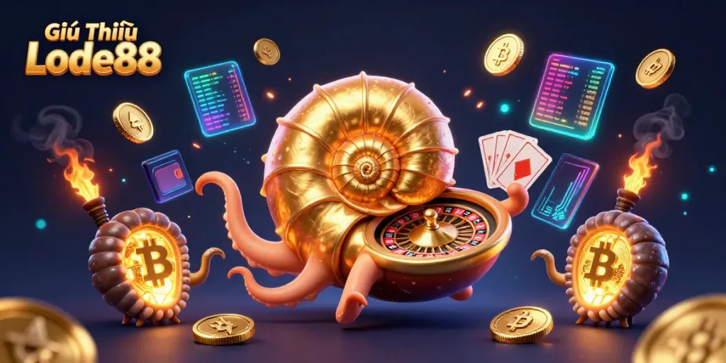 Experience Giới Thiệu Lode88 with vibrant 3D casino illustration showcasing diverse gaming elements.