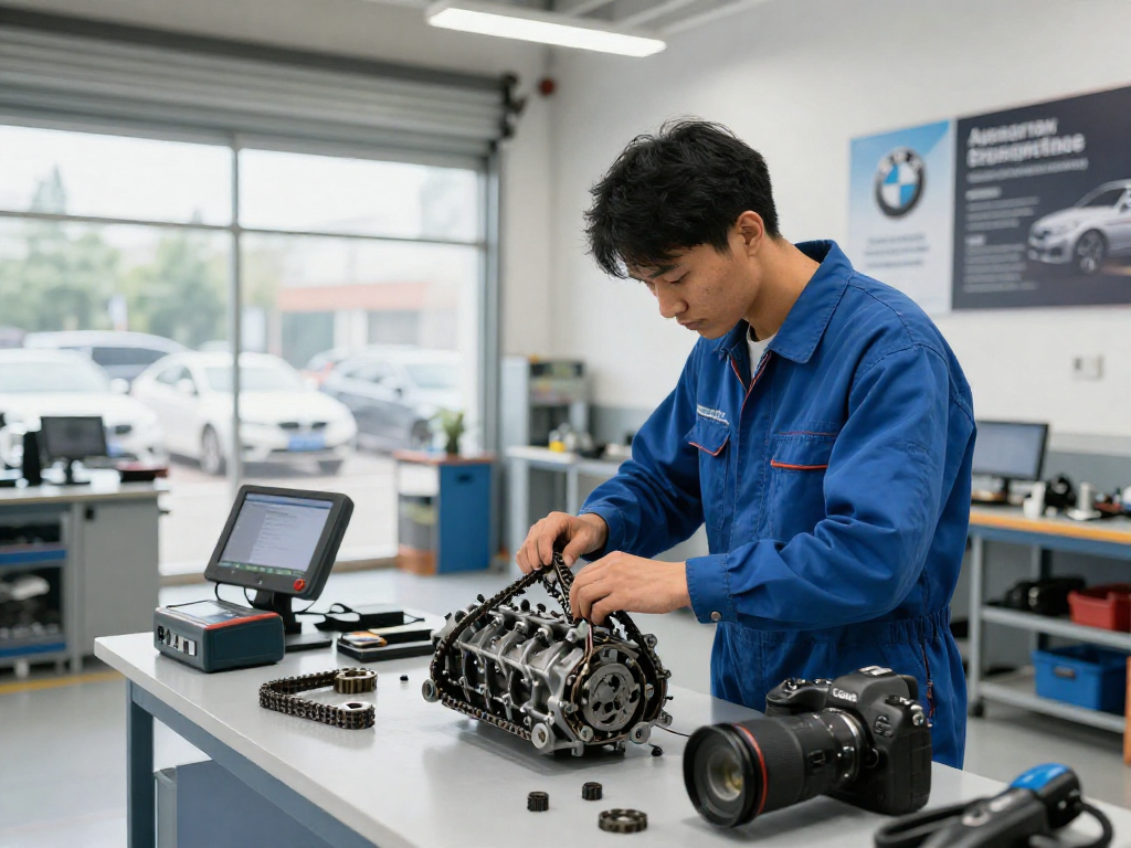 Professioneller Mechaniker beim BMW Steuerkette wechseln in einer Werkstatt für hochwertige Fahrzeugwartung.