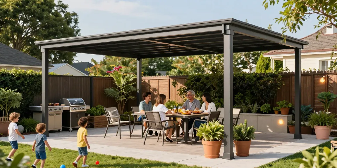 Moderne Terrassenüberdachung mit Familie, Grill und Garten im Hintergrund.