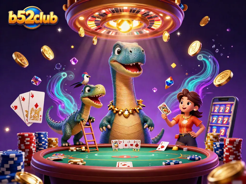 Engage in excitement with b52club as a brontosaurus hosts poker with animated raptor dealer.