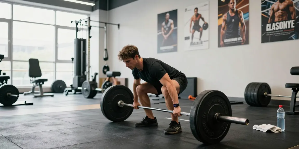 Steroidshop Fitness-Szene mit athletischem Mann, der Deadlifts macht, und motivierenden Postern im Hintergrund