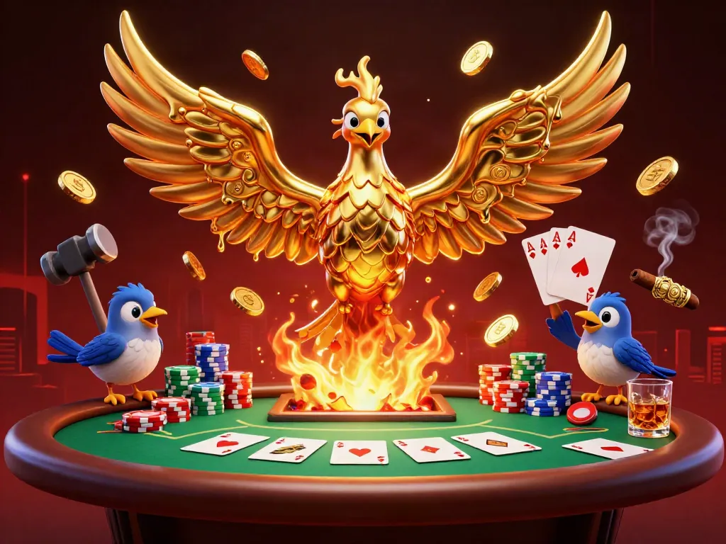 Experience the thrill of winning at yo88 with a dynamic scene featuring a golden phoenix and poker elements.