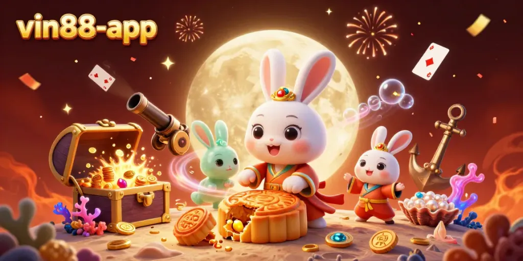 Join the excitement at vin88-app, where the moon rabbit reveals poker chips among glittering treasures and vibrant casino elements.
