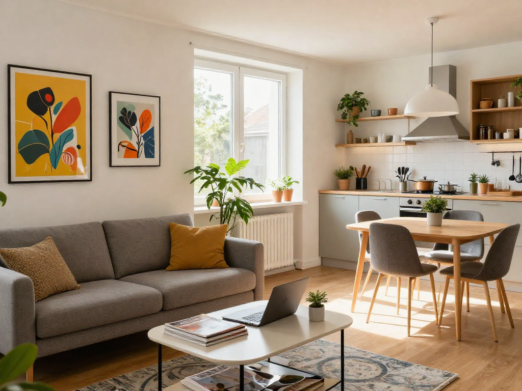 Einrichtung von Apartments in Hannover für Monteurzimmer mieten Hannover - gemütlicher Wohnraum mit Pflanzen und natürlichem Licht.