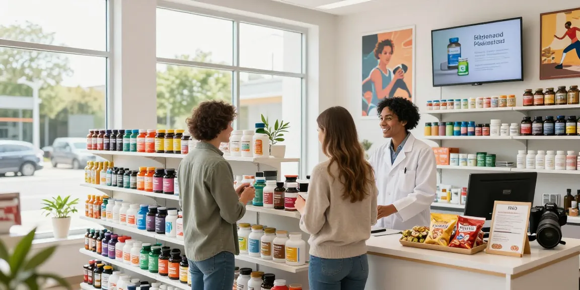 Unique Pharma Shop - Kundenberatung bei der Auswahl von Nahrungsergänzungsmitteln in einem modernen Gesundheitsgeschäft.
