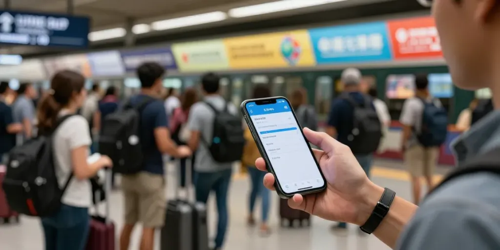Zugtickets kaufen am Bahnhof, Reisender mit Smartphone zeigt Buchungs-App.
