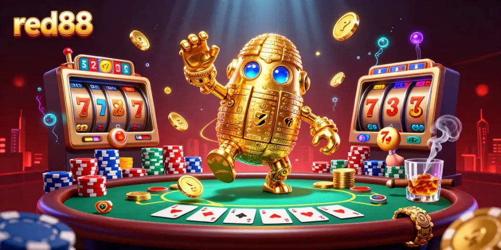 Engage with thrilling slot action at red88, featuring a golden golem amongst vibrant gaming symbols.