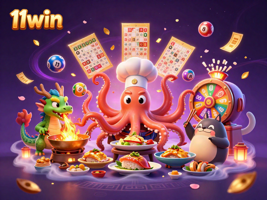 Join the fun at 11win with a colorful scene featuring a sushi chef octopus and vibrant lottery elements.