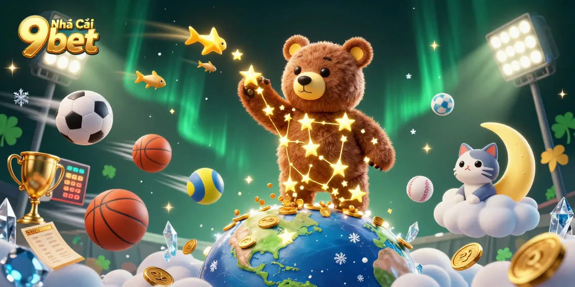 Play with Nhà Cái 9bet as the constellation bear scoops coins amidst vibrant casino elements and sports.
