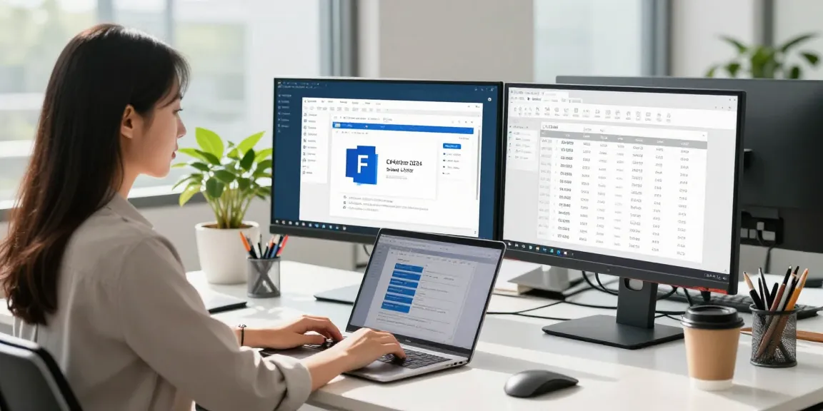Arbeiterin mit Office 2024 Home auf Laptop in modernem Büro