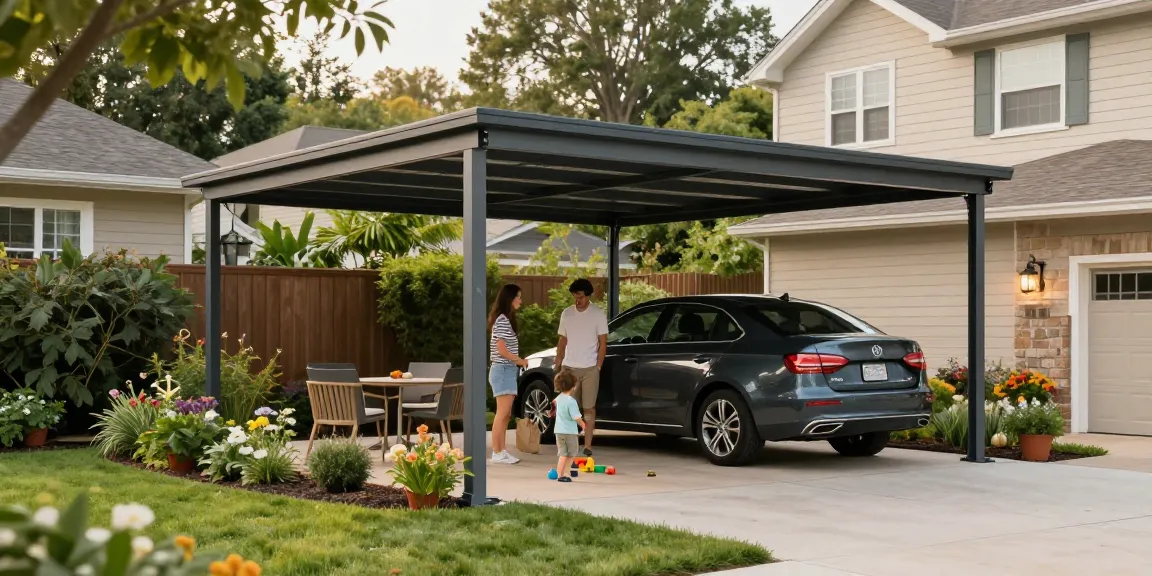 Moderne Carport-Installation in einem einladenden Garten mit spielenden Kindern.