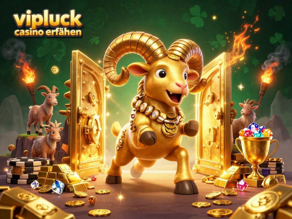 Erleben Sie die vipluck casino erfahrungen mit einem goldenen Ram und einem Schatz, umgeben von Casino-Funkeln.