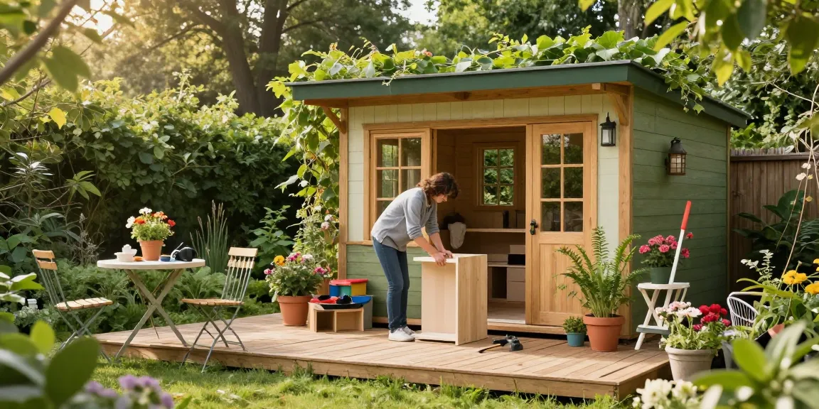 Ein charmantes Gartenhaus, umgeben von üppigem Grün, bietet einen einladenden Raum für die Gartenmöbel.