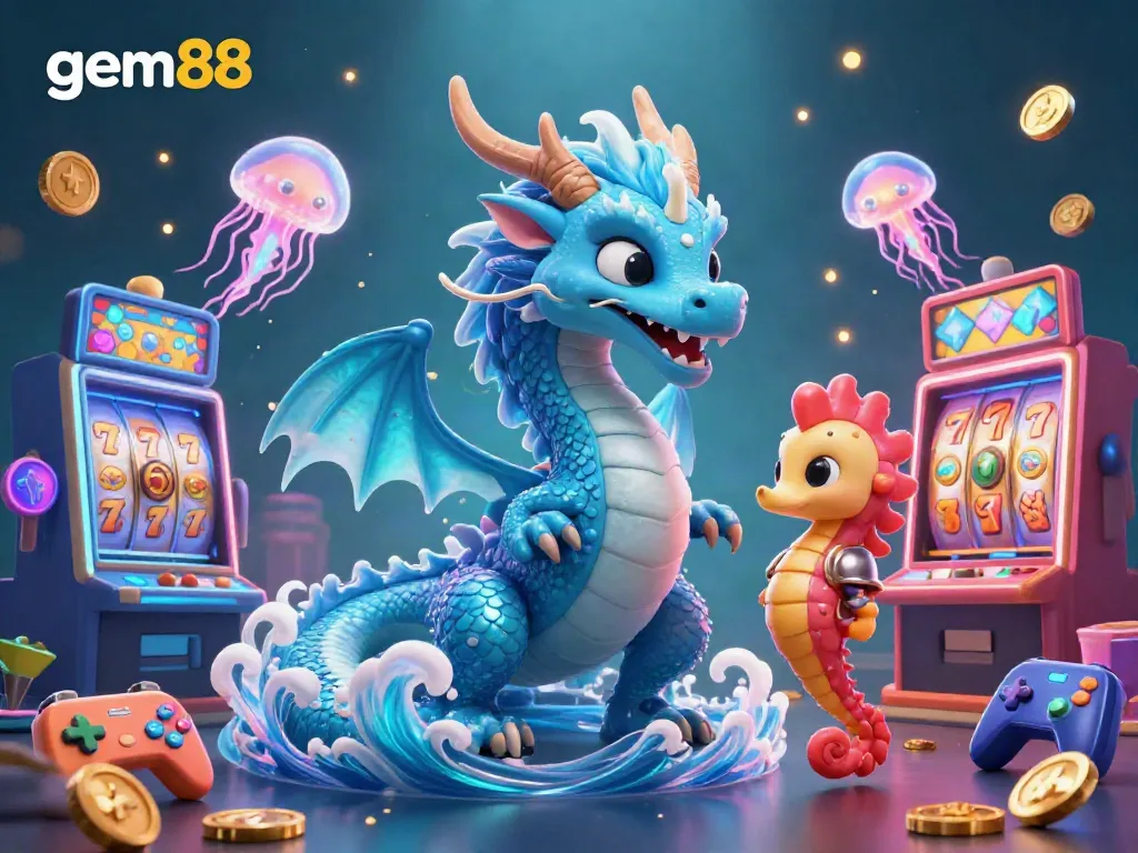 Experience the thrill of playing at gem88 with spectacular slot reels and a dragon guardian.