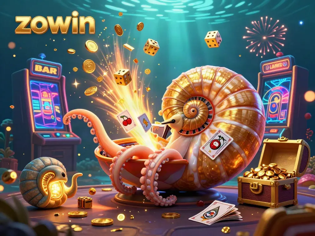 Experience the excitement of zowin with a vibrant, 3D casino scene featuring a nautilus roulette wheel and jackpot symbols.