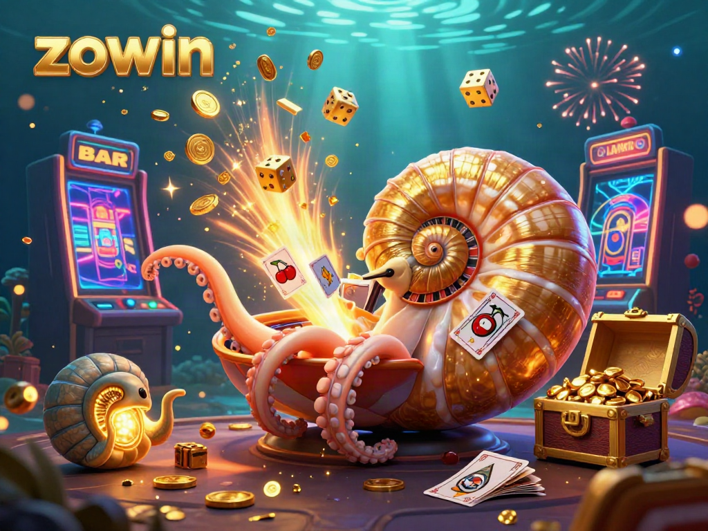 Experience the excitement of zowin with a vibrant, 3D casino scene featuring a nautilus roulette wheel and jackpot symbols.