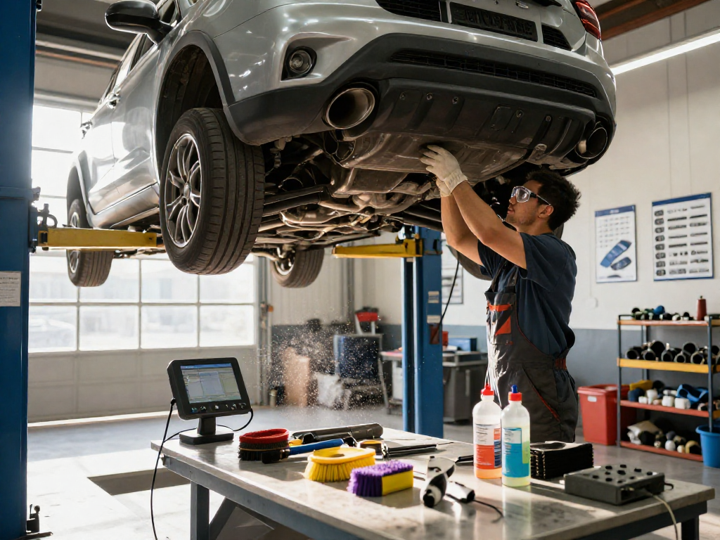 Bei der DPF Reinigung Laatzen führt ein Mechaniker in einer Werkstatt eine gründliche Fahrzeugwartung durch.
