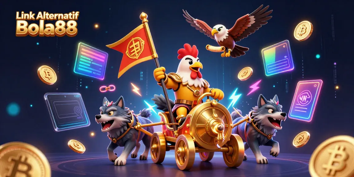 Engage with Link Alternatif Bola88 through a dynamic scene featuring a rooster warlord and crypto elements.