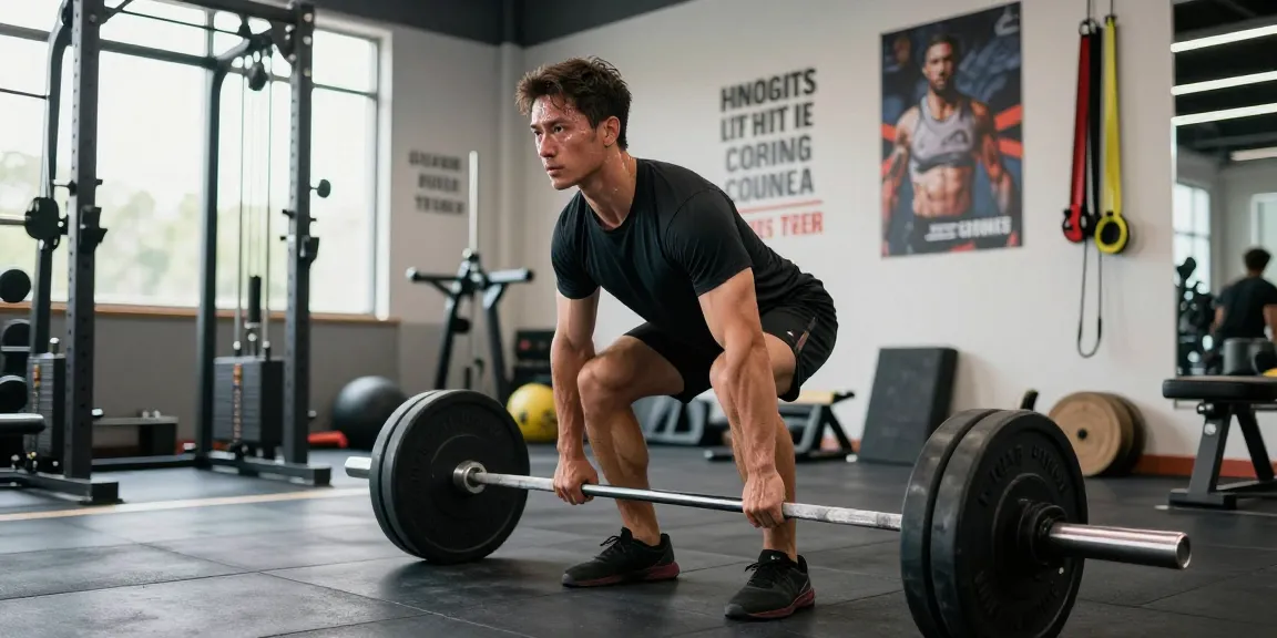 Deus Medical Athlet beim Deadlift im Fitnessstudio, umgeben von Trainingsgeräten